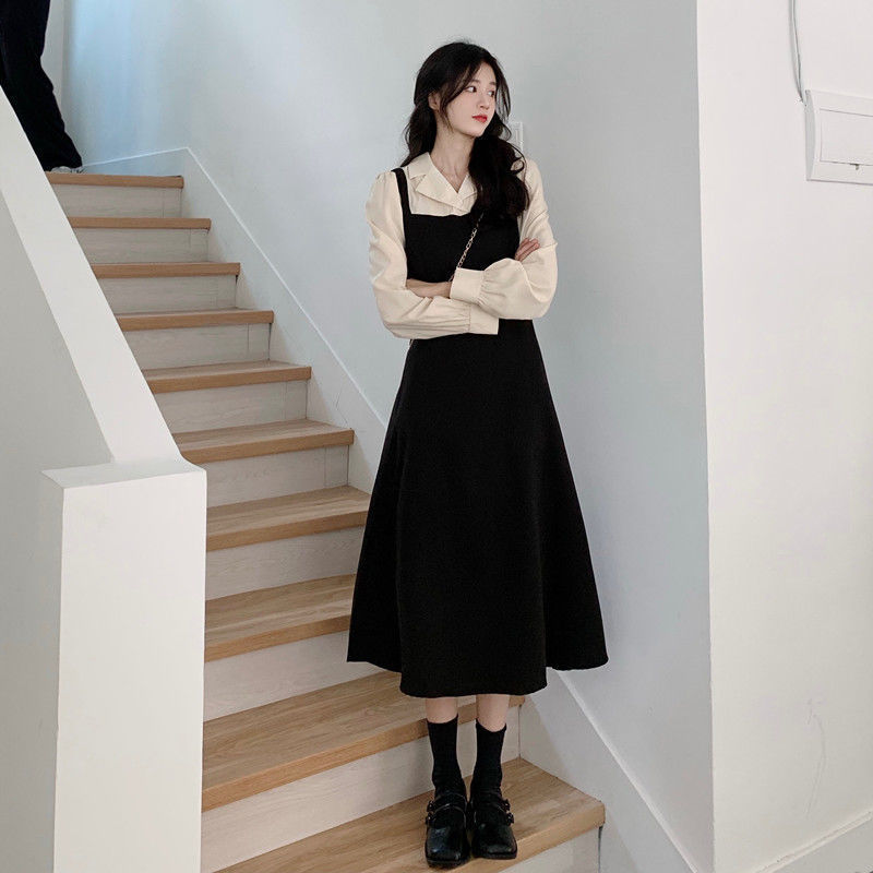 2025年春の新作、長袖ワンピース、女性用、パッチワーク風フェイクツーピース、シンプル、女子学生向け、フレンチスタイル、個性的なワンピース|undefined