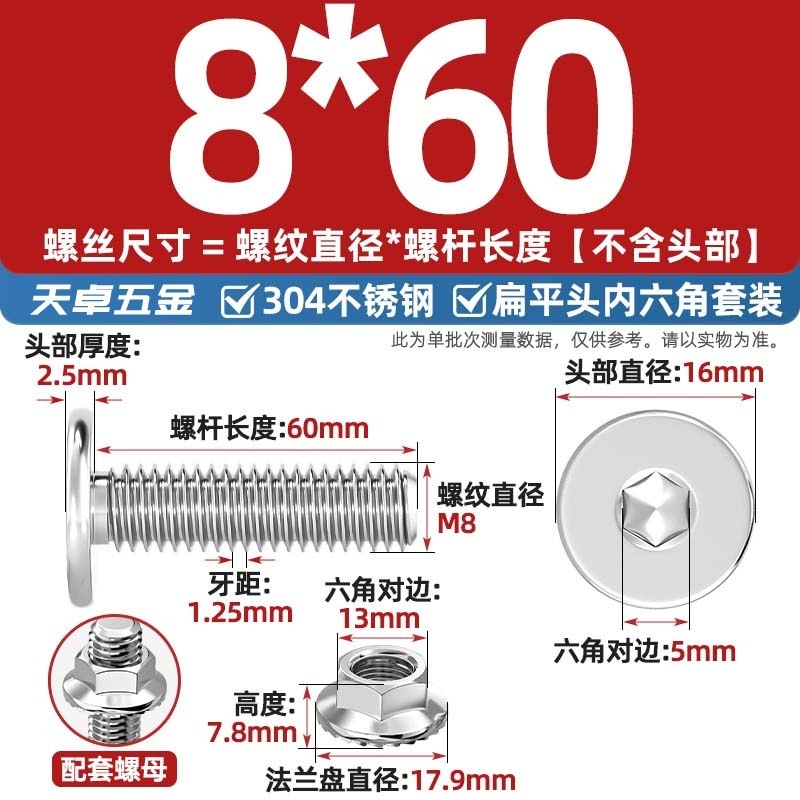 304不锈钢CM大平头超薄头C头扁平头内六角螺丝钉法兰边螺母套装M5|undefined
