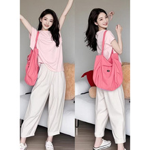 孕妇装夏季潮妈新款洋气时髦慵懒风短袖上衣时尚阔腿裤两件套夏装