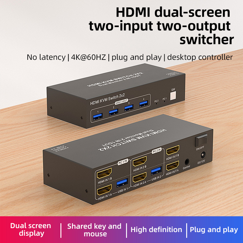 HDMI Kvm Switch 2 in 2 Out Kvm Switch for Two Computers to Share One Keyboard and Mouse, Expand Dual-Screen Display