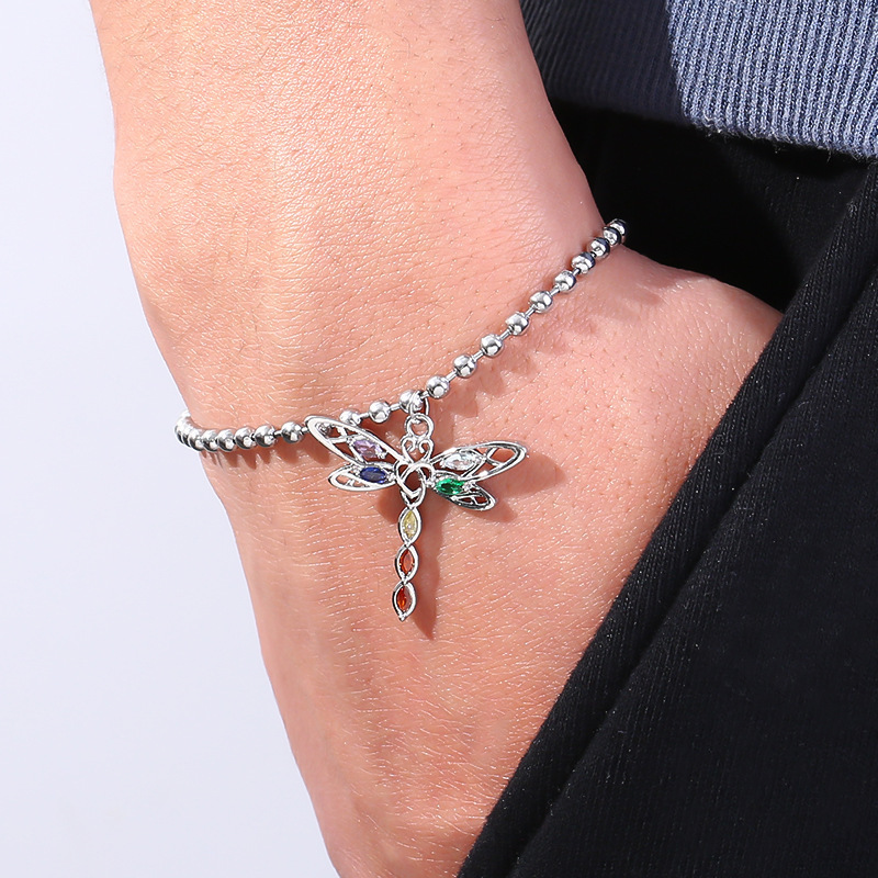 [Copper micro inlaid zircon] cross-border popular colorful yoga Dragonfly round beads titanium steel bracelet light luxury niche design sense