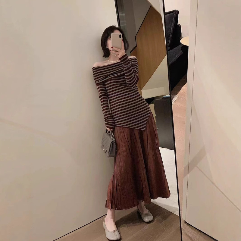 ヨーロッパの高級ストリーマーサテンプリーツスカート女性の夏の新しいハイウエストスリム大きな裾Aラインロングスカート|undefined