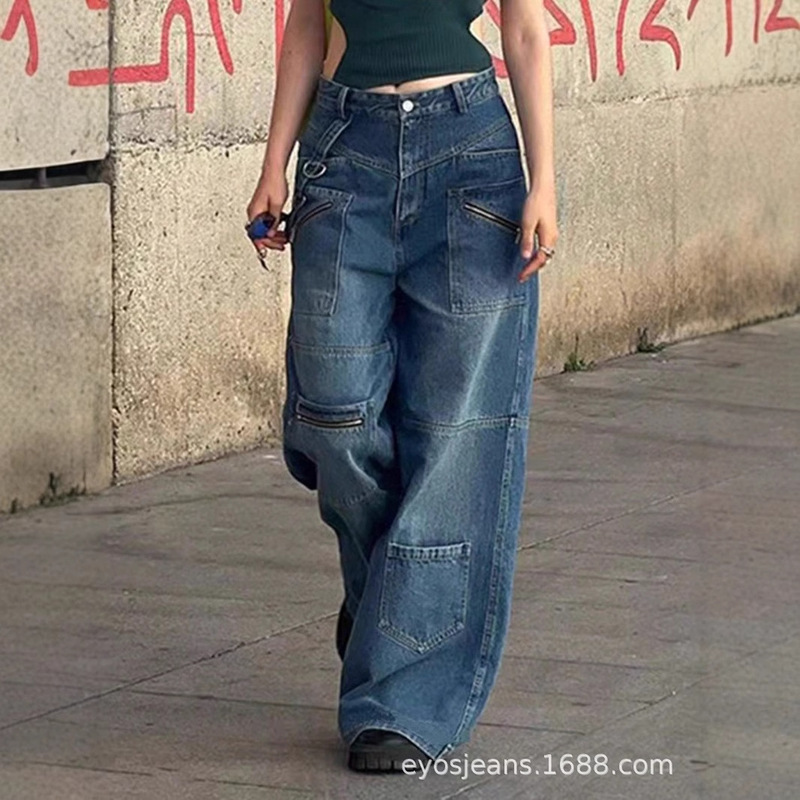 Cross-border Cyber Rock Punk Zip Pocket Jeans Street Retro Loose Casual Wide Leg Pants