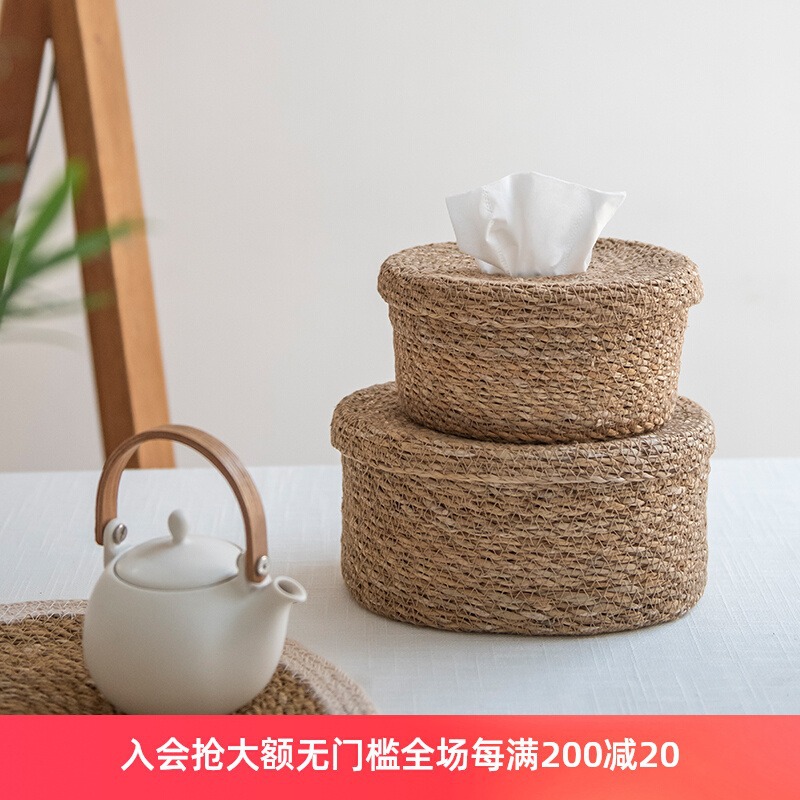 Amazon hecho a mano hierba marina tejido caja de pañuelos restaurante doméstico servilleta caja de almacenamiento caja de dibujo decoración de escritorio