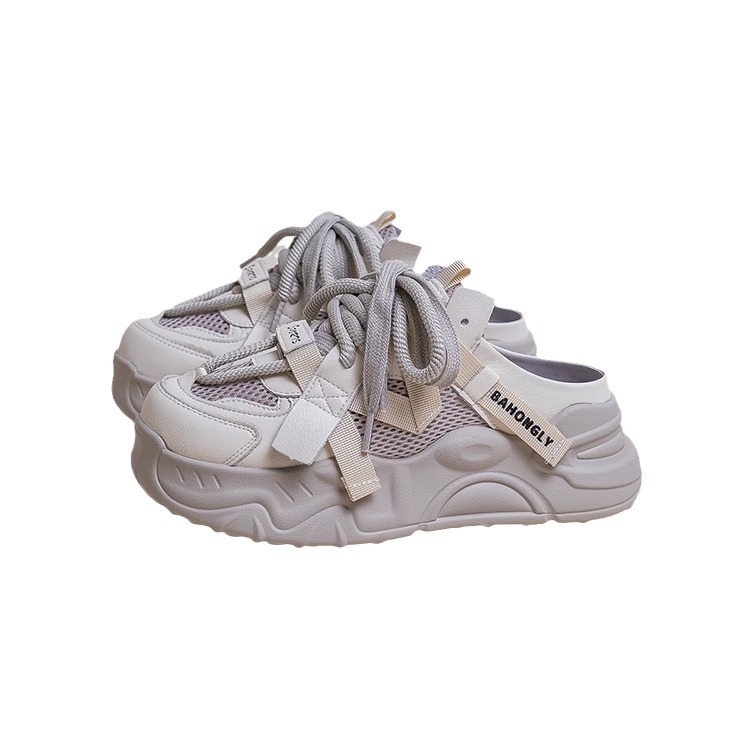 Baotou mitad zapatillas de mujer primavera y verano 2025 nueva red transpirable perezosas explosión de zapatos casuales de suela gruesa