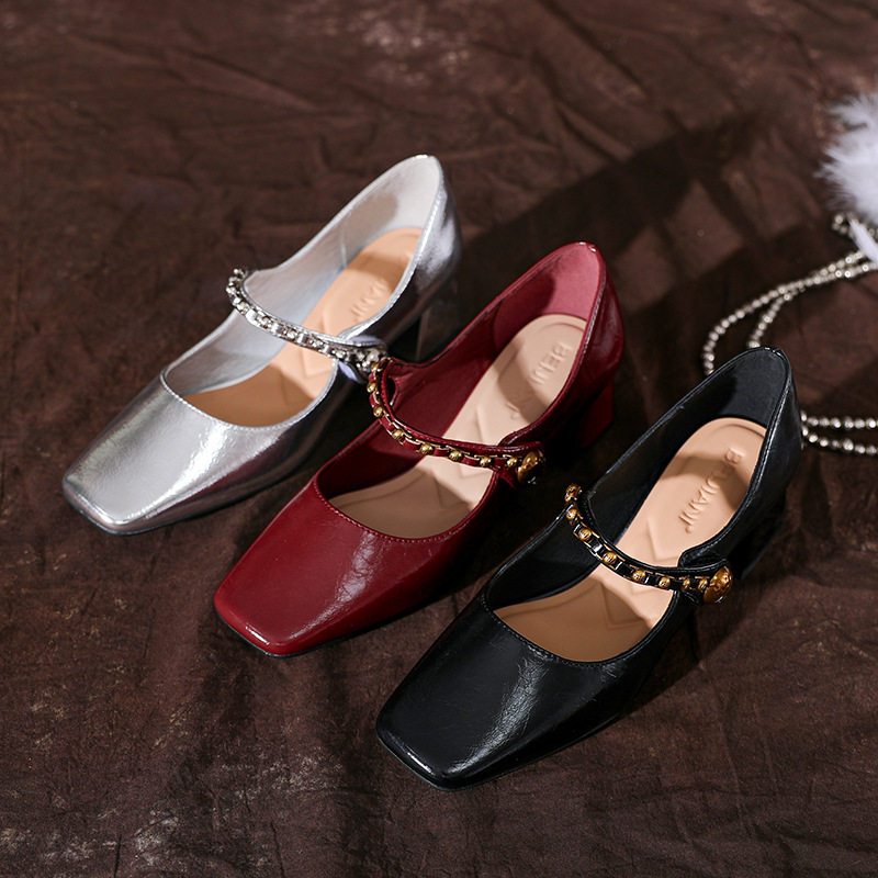 Giày Mary Jane nữ mũi vuông gót thô 3–6 cm da cừu mềm có dây xích — Màu bạc, Màu đen, Màu đỏ rượu