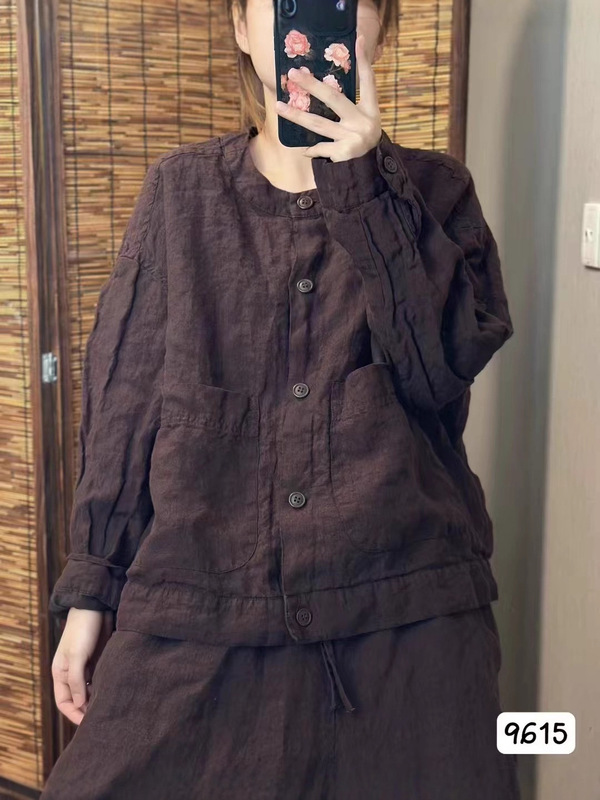 古咖服饰秋款复古砂洗亚麻外套内里加棉衬宽松纯色开衫休闲上衣|undefined