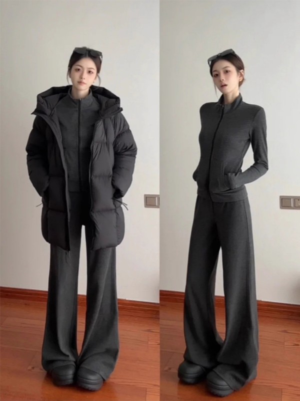 灰色细条纹休闲运动套装女修身正肩上衣外套秋季2025新款老钱风|undefined