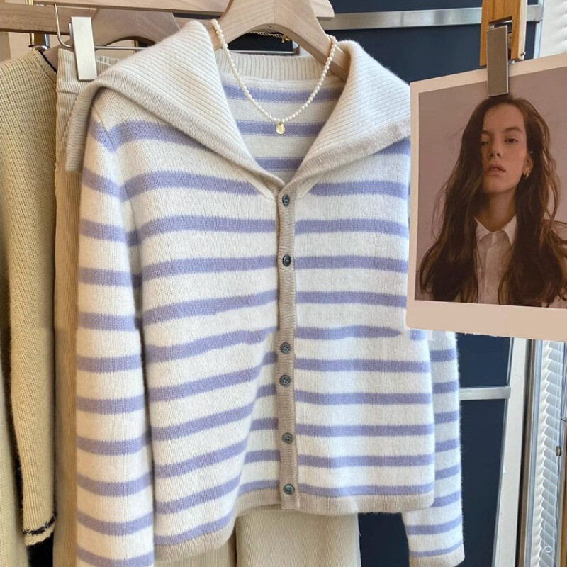 New Autumn and Winter Navy Collar Cardigan 100 Wool Sweater Women's Stripesd Large Lapel European Cashmere Sweater Jacket Trendy