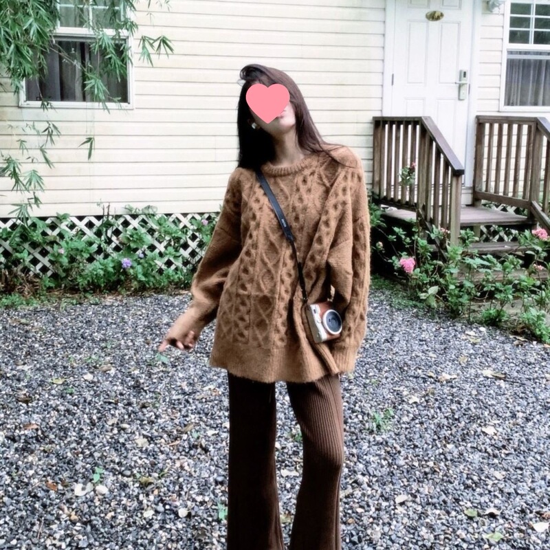 大码女装秋季套装女2025新款韩系复古通勤风针织毛衣微喇裤两件套|undefined