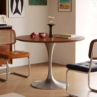 Nordic Middle Antique Style Vintage Solid Wood Dining Table Stainless Steel Legs Light Luxury Simple Internet Celebrity Tulip Round Table