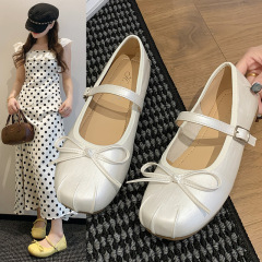 新しい人気のネットセレブワンライン太ヒール2025春夏リボン浅口メリージェーンシューズ女性用バレエシューズ