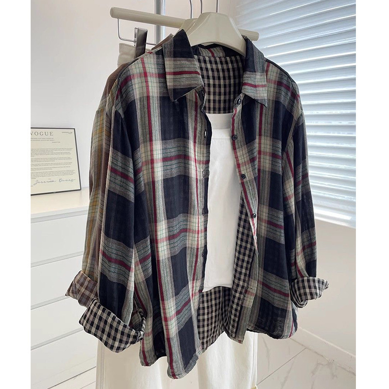 Retro Whitening~Double-Sided Cotton Gauze Plaid Shirt for Women! Autumn Korean Style Versatile Loose Layered Casual Shirt Thin Jacket