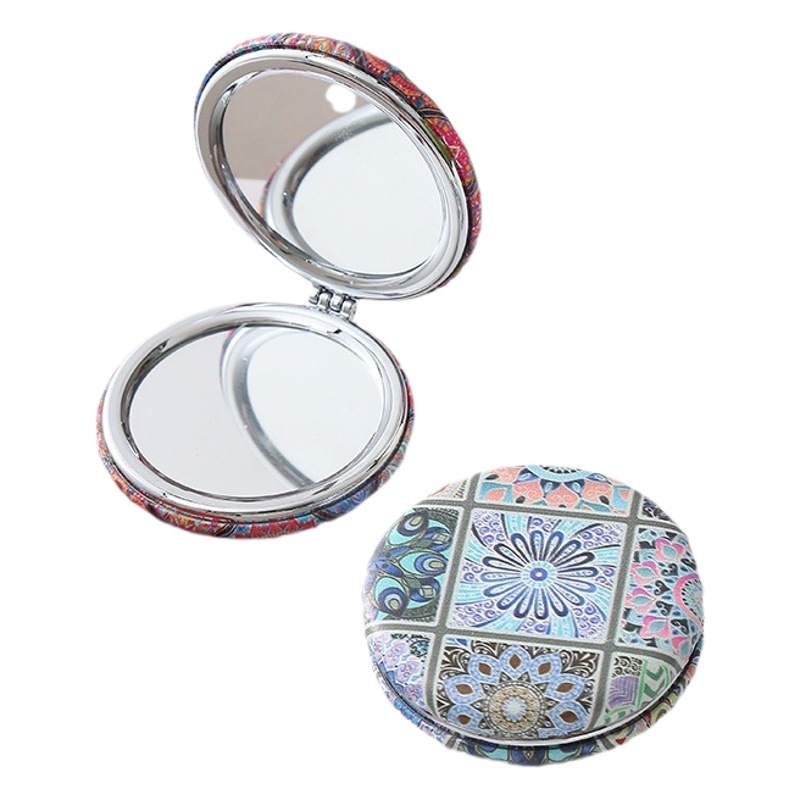 Espejo de pan plegable espejo de maquillaje estilo retro espejo de pan redondo portátil estilo bohemio grueso de doble cara pu bolsillo
