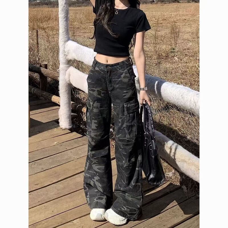 アメリカンスタイルの女性用迷彩オーバーオール、春夏の新しいハイウエストマルチポケットプリーツワイドレッグジーンズフロアレングスパンツ|undefined