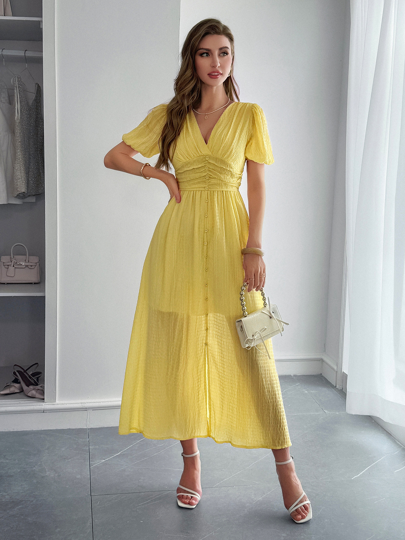 327g Weight Midi Dress Dress Length Type Short Sleeve Sleeve Length Sheath Dress Dresses Type Polyester Fabric Type Mid Waist Waist Line Casual, Daily Occasion V Neck Neckline Slim Fit Type Solid Color Pattern Summer Season Women's Gender Vacation Style Wholesale Women's Vacation Solid Color Casual Daily V Neck Short Sleeve Sheath Dress 7