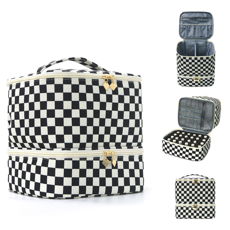 Factory Direct Sale Corduroy Double-Layer Cosmetic Bag, Checkerboard Pattern Nail Polish Storage Bag, Large Capacity Manicurist Tool Bag