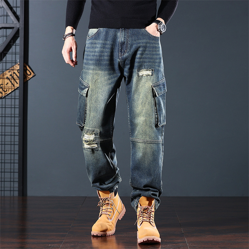 Heavyweight Durable Western Ripped Patch Jeans Men's Trendy Brand Stretch High-Crotch Cargo Pants 2025 Autumn New Style
