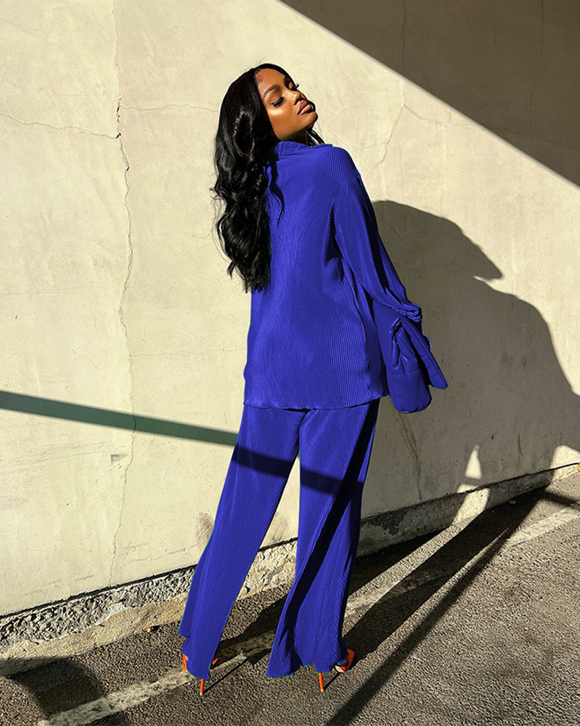 Women's Pant Sets Solid Colour Pleated Long Sleeved Suit Autumn_voghion.com