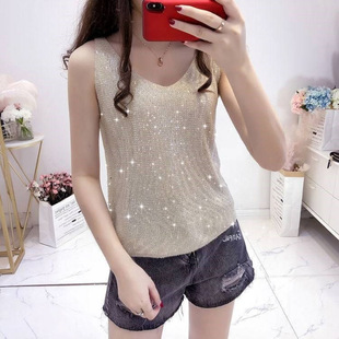 2025 new women's ice silk diamond camisole women's summer loose short T-shirt sleeveless versatile V-neck bottoming shirt