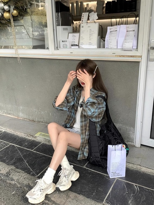 蓝色格子衬衫外套女韩系宽松慵懒风2025春夏新款休闲百搭长袖衬衣|undefined