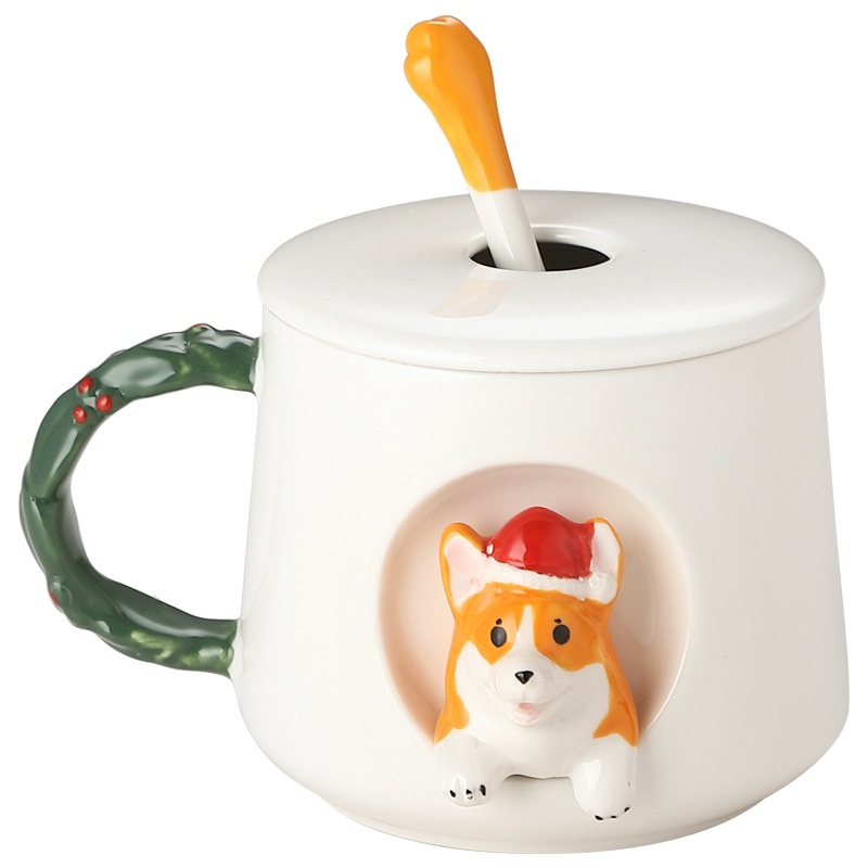 Taza linda del Corgi de la Navidad casera de alto aspecto de cerámica con el regalo de la taza de café de los hombres y de las mujeres de los pares de la cuchara de la tapa