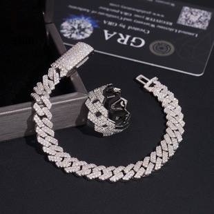 European and American Hip-Hop Best-Selling 8mm Double-Row Stone Boys' High-End Jewelry 925 Silver Moissanite Rhombus Bracelet Ring in Stock