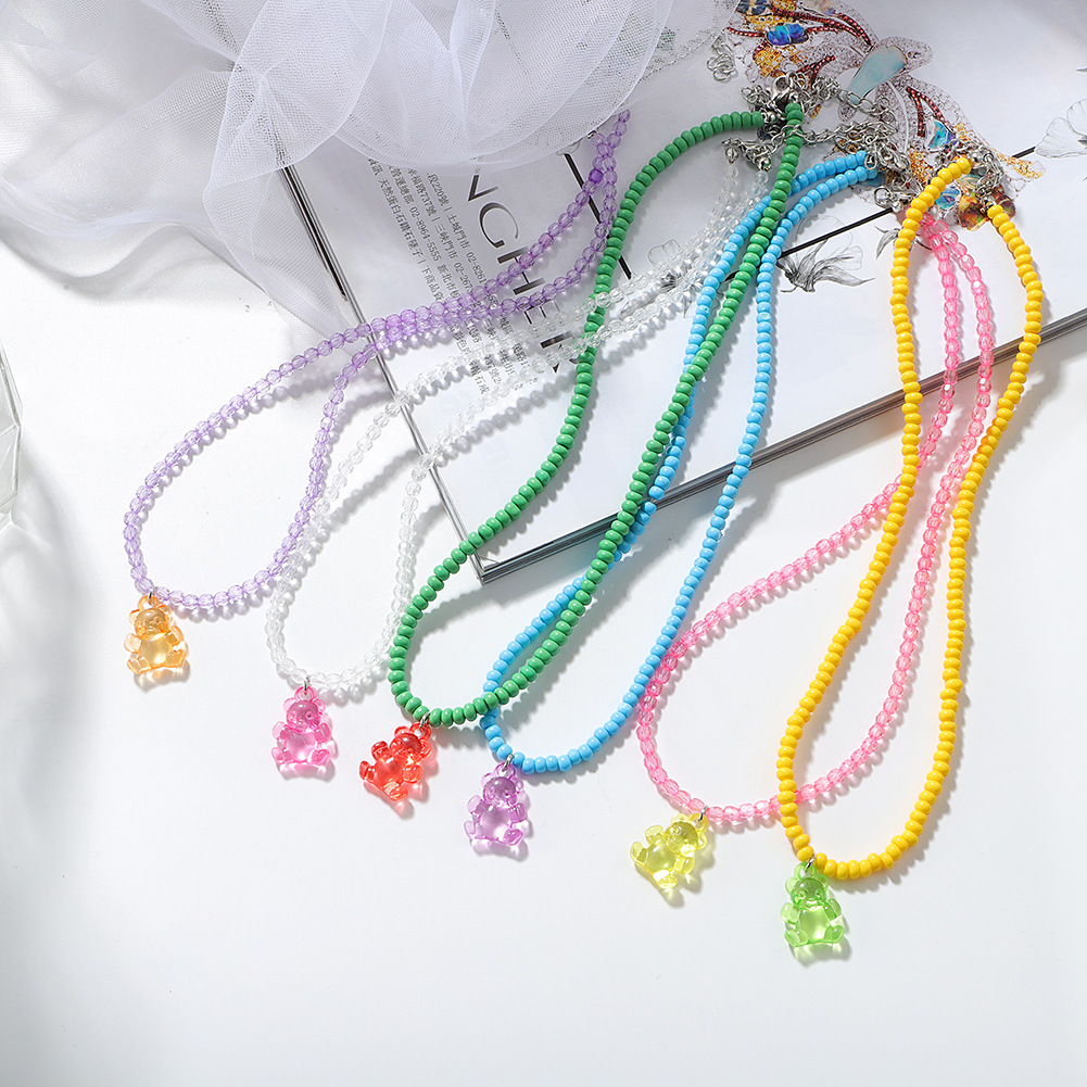 Dongdaemun New Bear Necklace Candy Color Resin Pendant Clavicle Chain College Style Bead Cartoon Neck Chainpicture2