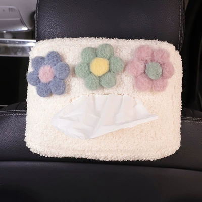 Armrest, Car Interior Decoration Supplies: Car tissue box/set - dark-blue-green-pink-flowers-white-plush-tissue-box
