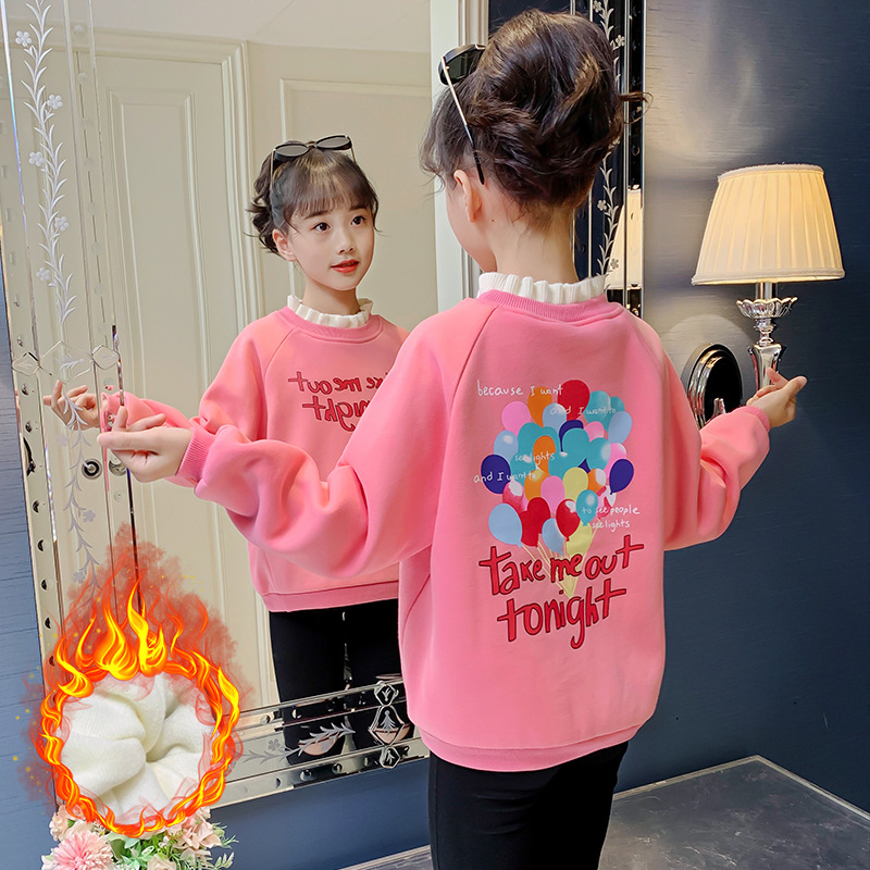 女童2024冬新款卡通加厚加絨雙層衛衣時尚韓版套頭上衣洋氣外套