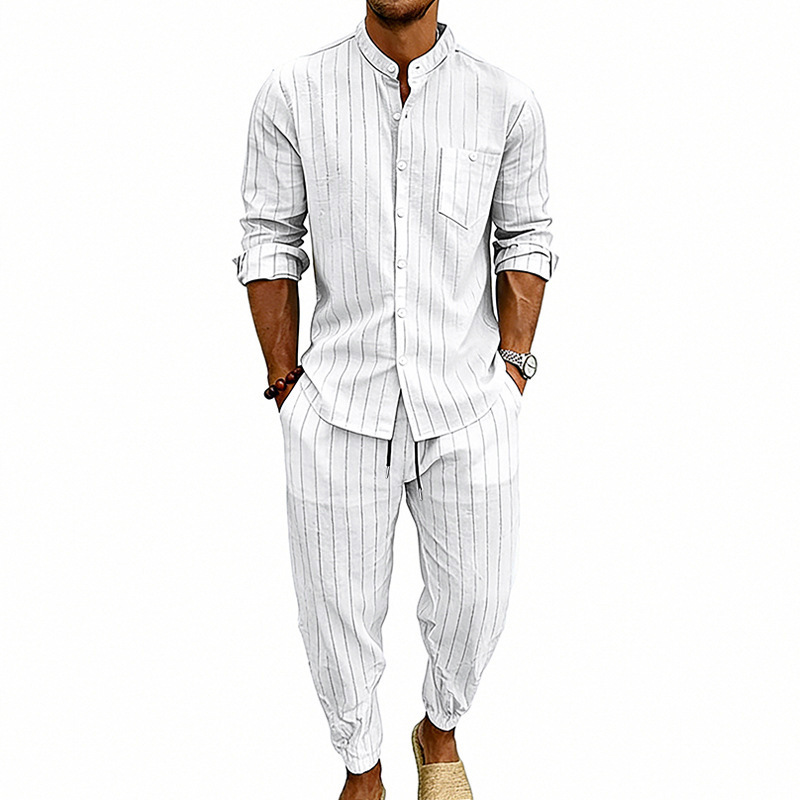 Transfronterizos primavera y otoño hombre deportivo a rayas verticales camisa casual de manga larga cardigan a rayas transpirables pantalones de dos piezas