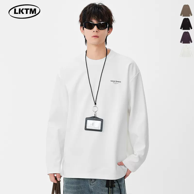 LKTM男装 美式潮牌基础小logo印花长袖T恤男女宽松百搭圆领打底衫