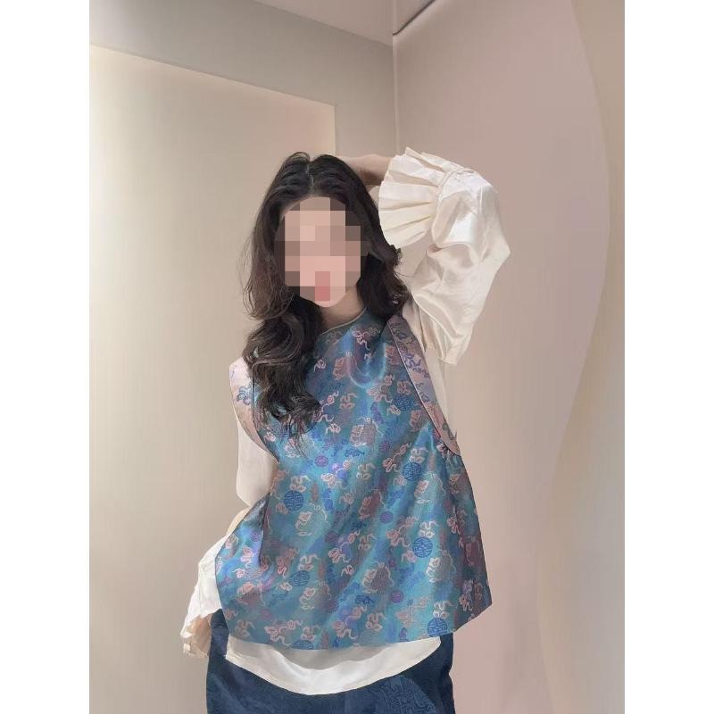 2025 Autumn New Style Blue Jacquard Round Neck Vest, Versatile and Elegant Satin Style, New Chinese Style Women's Clothing