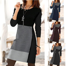 2025亚马逊春夏季欧美跨境新款女装中裙圆领长袖几何图印花连衣裙