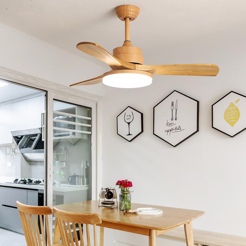 Nordic Minimalist Dining Room Fan Light for Home Use, Living Room Solid Wood Blade Ceiling Fan Integrated Chandelier with Smart Remote Control