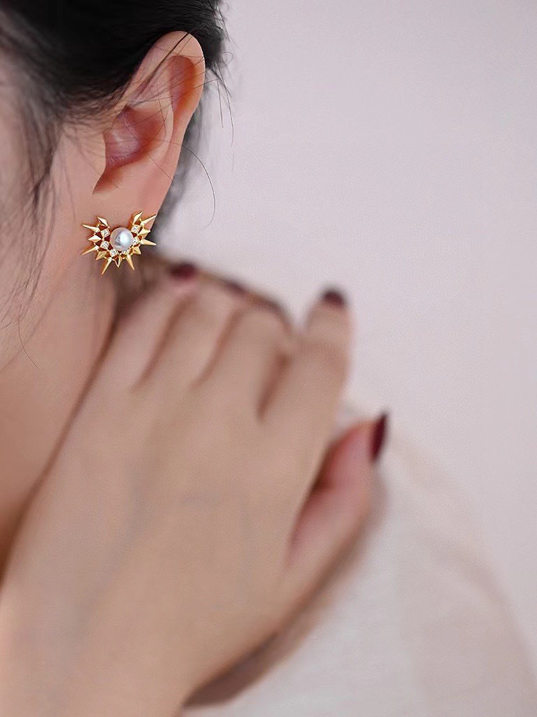 复古光晕天然淡水珍珠耳钉s925银针小众美拉德风