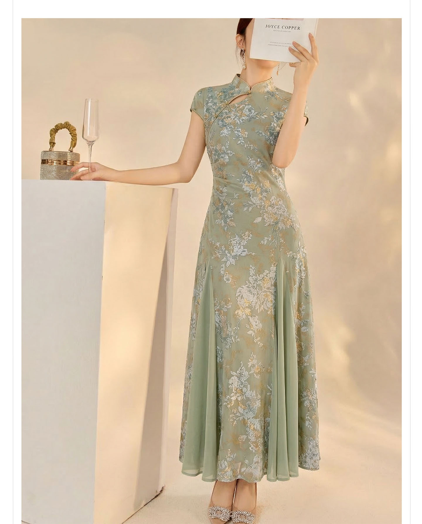 Váy sườn xám cổ đứng họa tiết jacquard chạm rỗng phong cách Tân Trung Hoa mùa hè — Xanh lá cây nhạtcolor chi tiết 8
