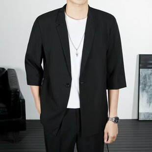 Spring and Autumn Korean Style Trendy Ins Handsome Suit Light Mature Trendy Brand Loose Black Jacket Casual Suit Men's Three-Quarter Sleeves