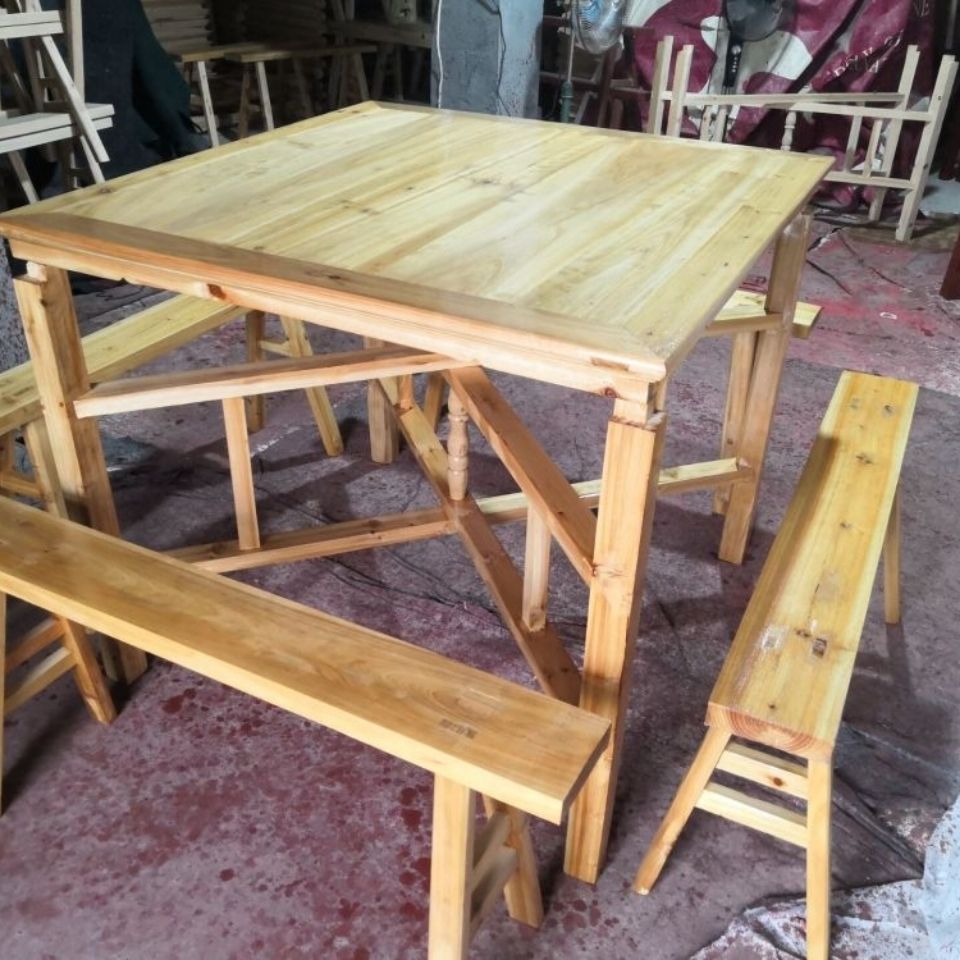 Solid Wood Eight Immortals Table with Clear Lacquer, Rural Antique-Style Folding and Disassembled Log Square Chinese Dining Table