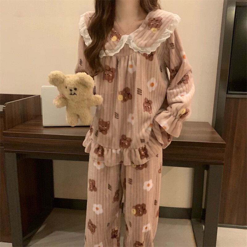 秋冬季珊瑚绒睡衣套装女加绒加厚家居服时尚可外穿法兰绒开衫睡袍|undefined