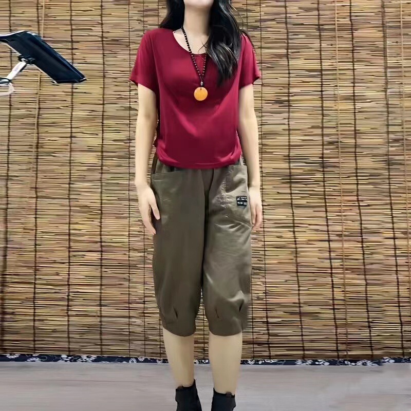 Plus-Size Women's Fashion Set Summer Short-Sleeve T-Shirt and Loose Casual Versatile Harem Cargo Pants