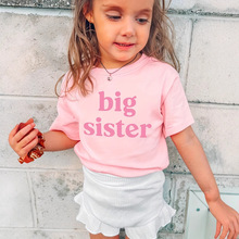 跨境外贸INS女童bigsister字母图案印花图案圆领短袖T恤适合1-8岁