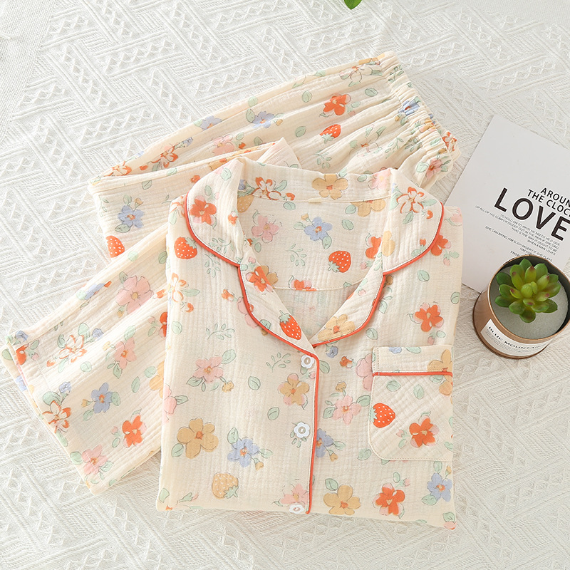 Algodón crepé pijamas de las mujeres amor crepé traje de solapa de gasa de algodón cómodo traje de desgaste casero