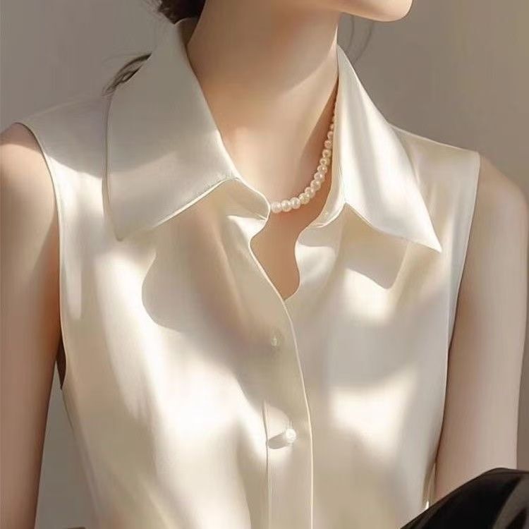 French-Style Gentle White Satin Polo Collar Sleeveless Shirt for Women, New Summer Versatile Casual Elegant Blouse