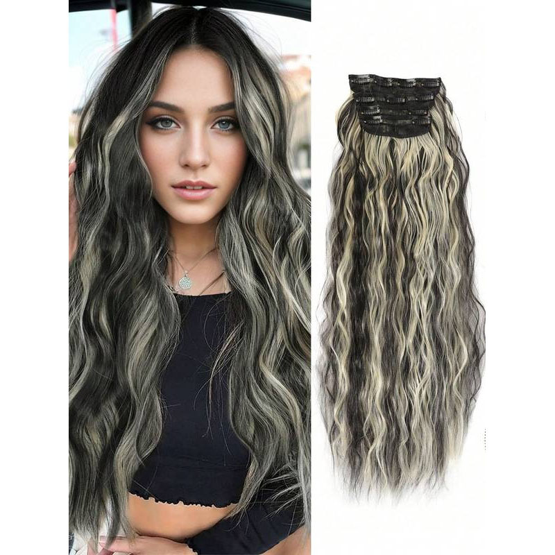 Foreign Trade Water Wave Hair Extensions Corn Wave Cross-Border European and American Four-Piece Set Clip-In Hair Big Wave Wig Wholesale