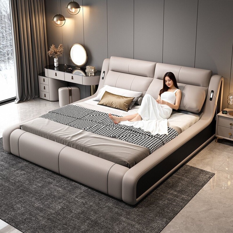 Modern Minimalist 1.8m Multifunctional Storage Bed with Side Night Light, Adjustable 1.5m Soft-Packed Bed for Master Bedroom Modern Minimalist 1.8m Multifunctional Storage Bed with Side Night Light, Adjustable 1.5m Soft-Packed Bed for Master Bedroom