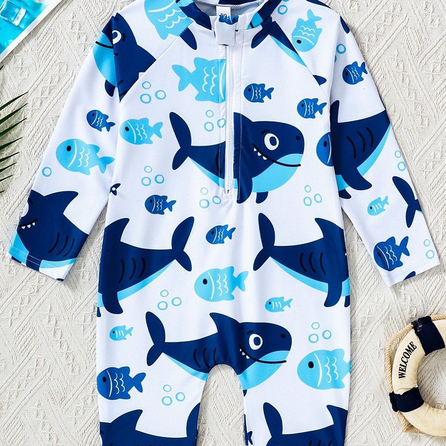 Boys' Swimsuit Cute Underwater World Coconut Tree Shark One-Piece Long-Sleeved Swimsuit 3 Months to 5 Years Old Baby Spring and Summer
