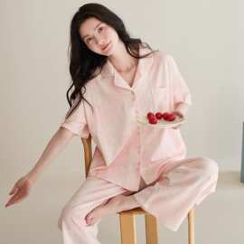 纯棉短袖长裤女生睡衣开衫休闲可外穿全棉短长家居服妈妈短袖睡衣