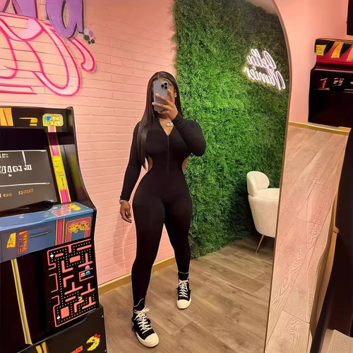 Cross-border new arrivals: European and American-style fashionable hollowed-out sporty-casual tight-fitting long-sleeve women's jumpsuit