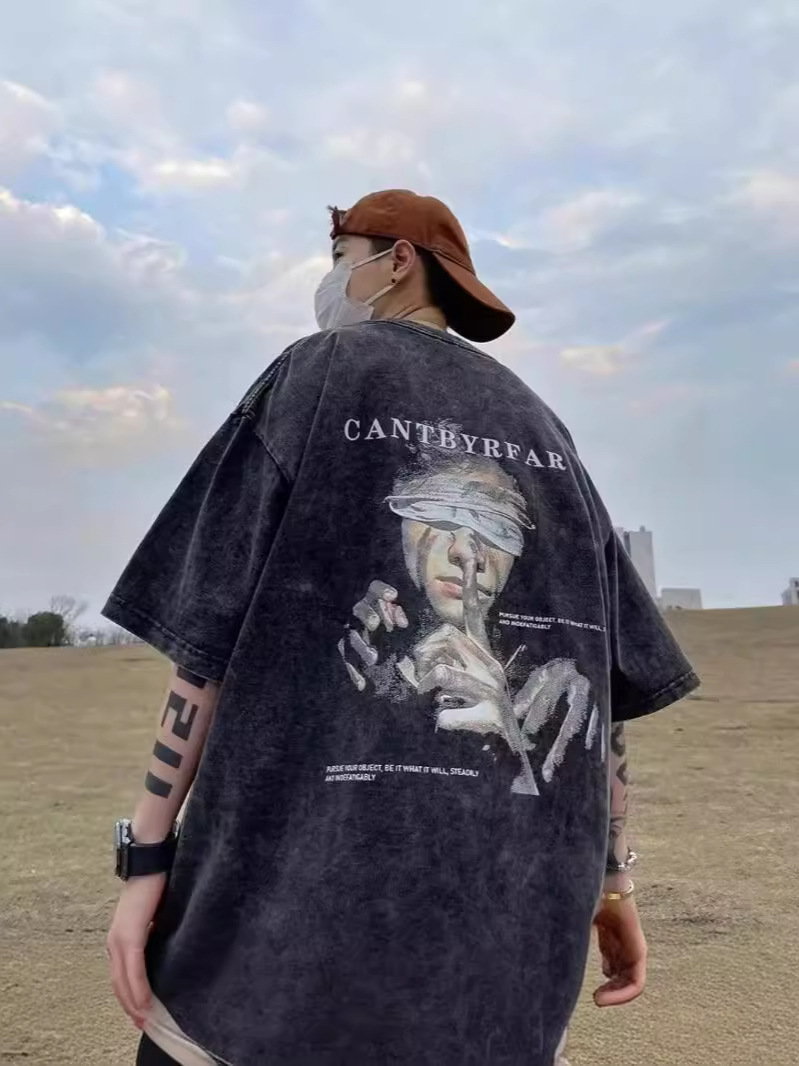 Camiseta de manga corta de algodón puro desgastado lavado retro americano para hombre, camiseta de media manga de marca holgada informal de verano para hombre